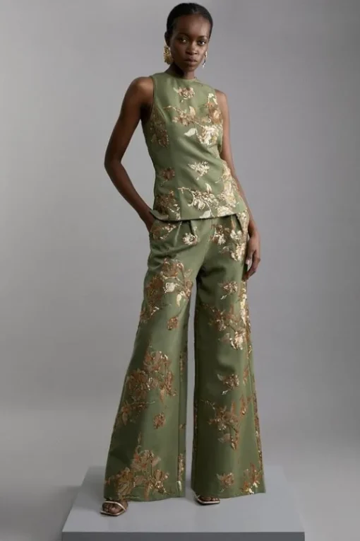 Petite Satin Sequin And Embroidery Woven Pants