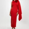 Petite Scuba Crepe Dramatic Rosette Woven Cape Midi Dress