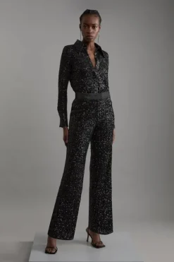 Petite Sequin High Waisted Wide Leg Pants