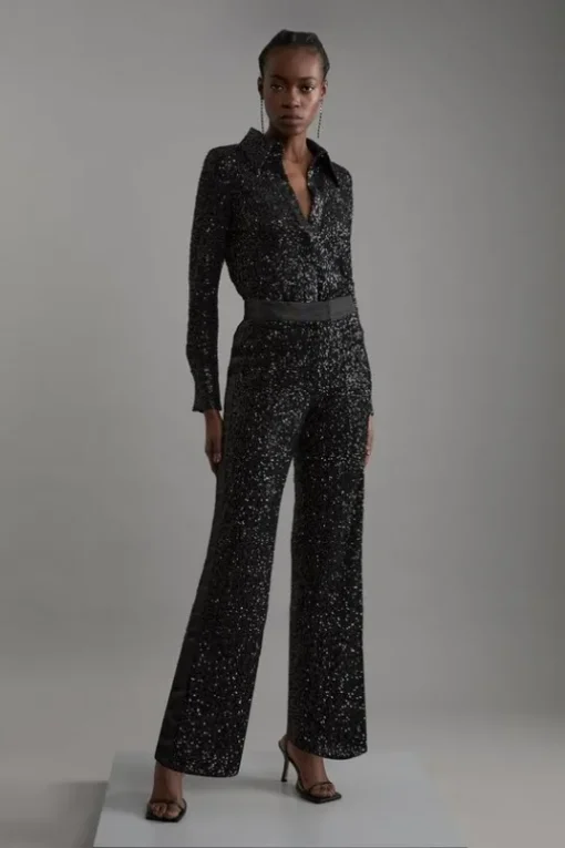 Petite Sequin High Waisted Wide Leg Pants