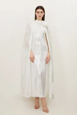 Petite Sequin Rosette Cape Maxi Dress