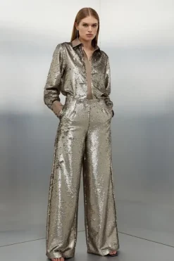 Petite Sequin Woven Wide Leg Pants