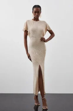 Petite Slinky Viscose Jacquard Knit Angel Sleeve Maxi Dress