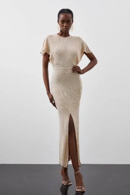 Petite Slinky Viscose Jacquard Knit Angel Sleeve Maxi Dress