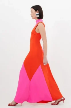 Petite Soft Tailored Color Block Panel High Neck Midi Dress