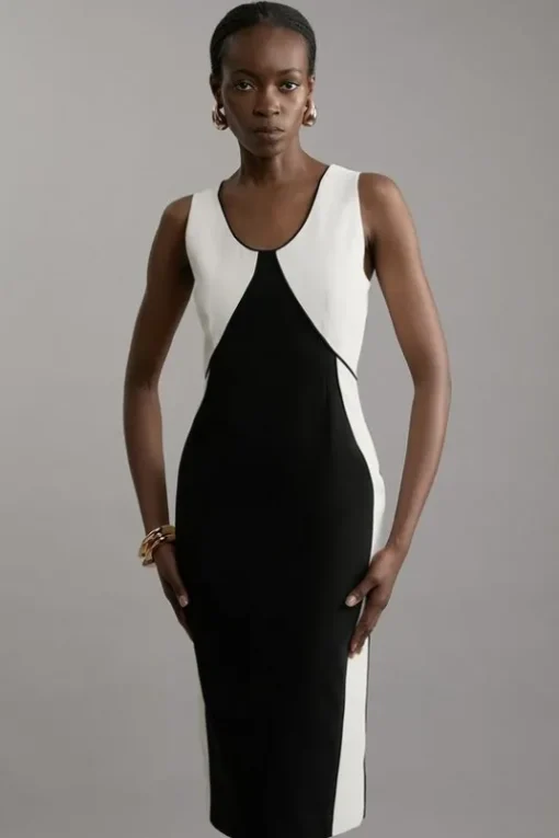 Petite Soft Tailored Color Block Tailored Sleeveless Midi Dress