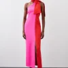 Petite Soft Tailored Color Block Tie Neck Midi Dress