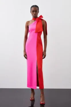 Petite Soft Tailored Color Block Tie Neck Midi Dress