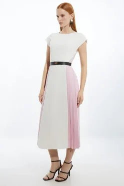 Petite Soft Tailored Contrast Pleated Panel Skirt Midi Dress