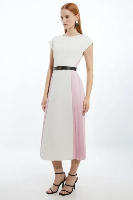 Petite Soft Tailored Contrast Pleated Panel Skirt Midi Dress