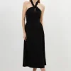 Petite Soft Tailored Halter Tie Neck Pleat Detail Midi Dress
