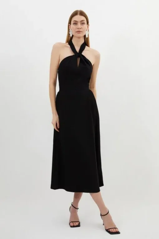 Petite Soft Tailored Halter Tie Neck Pleat Detail Midi Dress