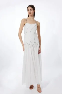 Petite Strappy Embellished Ruched Georgette Woven Maxi Dress
