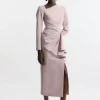 Petite Stretch Crepe Asymmetric Neck Ruffle Drape Midi Dress