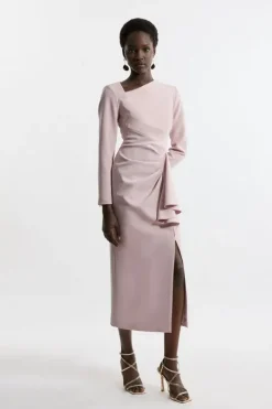 Petite Stretch Crepe Asymmetric Neck Ruffle Drape Midi Dress