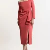 Petite Stretch Crepe Asymmetric Neckline Draped Midi Dress