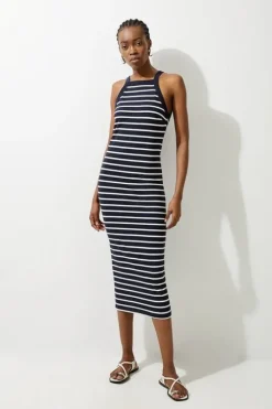 Petite Stripe Stretch Cotton Jersey Halter Midi Dress