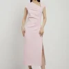 Petite Structured Crepe Asymmetric Neck Midi Dress