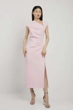 Petite Structured Crepe Asymmetric Neck Midi Dress