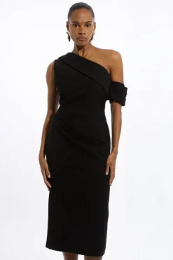 Petite Structured Crepe Asymmetric Tailored Pencil Midi Dress