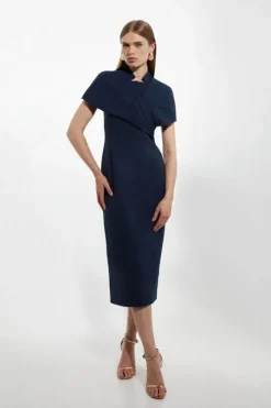 Petite Structured Crepe Cape Detail Midi Dress