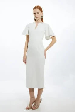 Petite Structured Crepe Ruffle Sleeve Tailored Midi Pencil Dress