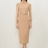 Petite Structured Crepe Turtleneck Peplum Belted Midi Dress