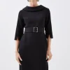 Petite Structured Crepe Turtleneck Belted Tailored Midi Dress