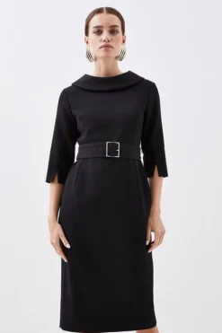 Petite Structured Crepe Turtleneck Belted Tailored Midi Dress