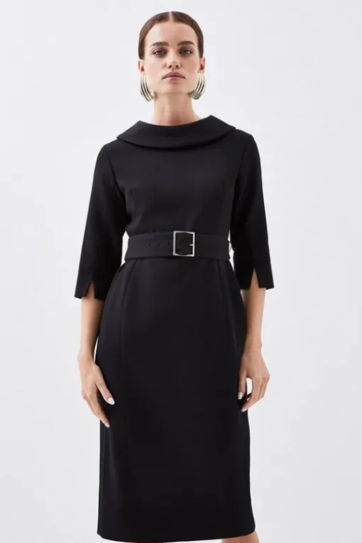 Petite Structured Crepe Turtleneck Belted Tailored Midi Dress