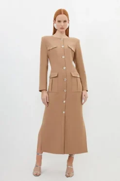 Petite Tailored Compact Stretch Button Through Midi Dress