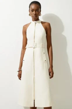 Petite Tailored Cotton Belted Halter Neck Full Skirted Maxi Dress