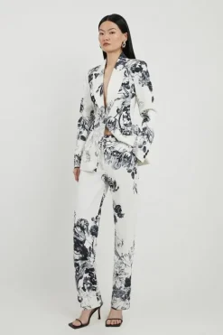 Petite Tailored Crepe Mono Floral Slim Leg Dress Pants