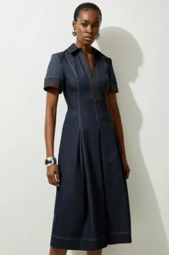 Petite Tailored Denim Full Skirted Maxi Shirt Dress