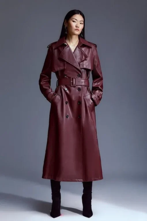 Petite Tailored Faux Leather Belted Trench Coat