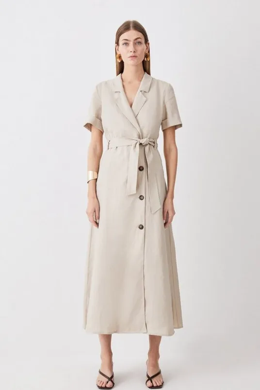 Petite Tailored Linen Belted Midi Dress