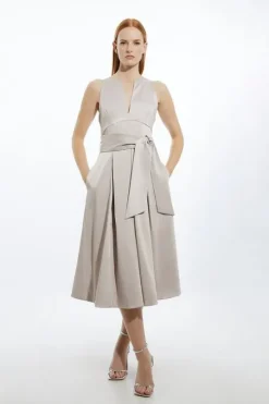 Petite Tailored Satin Bow Detail Full Skirted Midaxi Dress