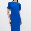Petite Tailored Structured Crepe Ruffle Detail Pencil Midi Dress