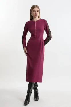 Petite Tailored Twill Lace Mix Zip Front Midi Dress