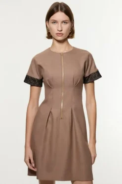 Petite Tailored Twill Lace Mix Zip Front Mini Dress