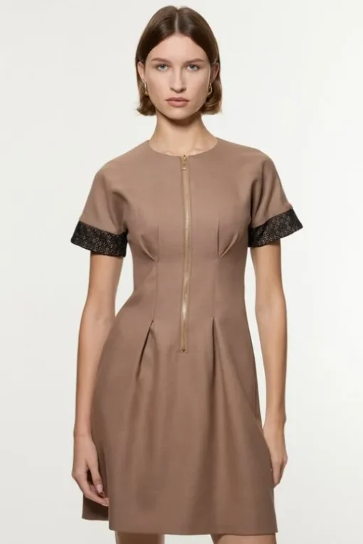 Petite Tailored Twill Lace Mix Zip Front Mini Dress