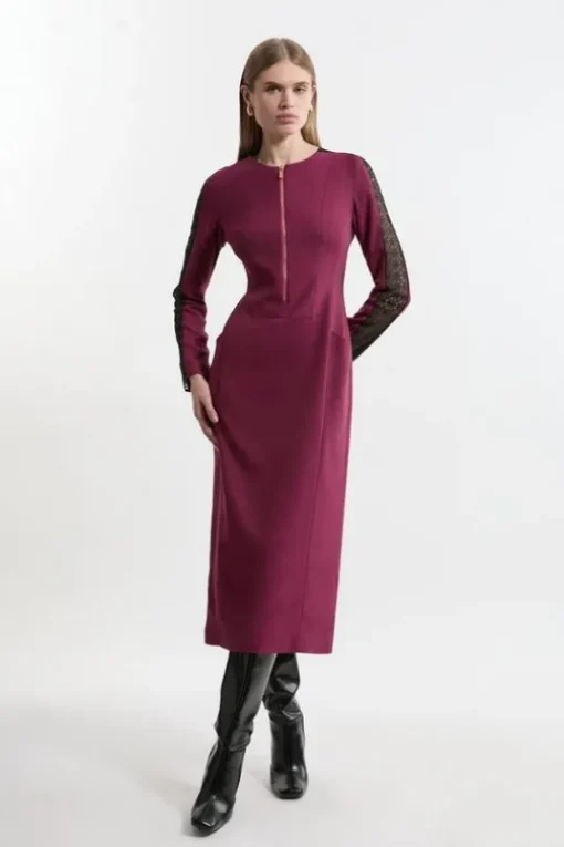 Petite Tailored Twill Lace Mix Zip Front Midi Dress