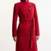 Petite Tailored Wool Blend Asymmetric Button Neck Belted Midi Coat