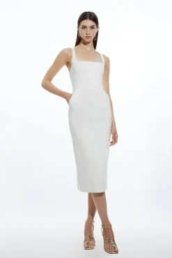 Petite Topstitch Detail Techno Cotton Woven Midi Dress