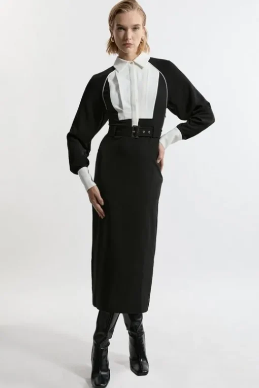 Petite Twill Contrast Collar Woven Midi Dress