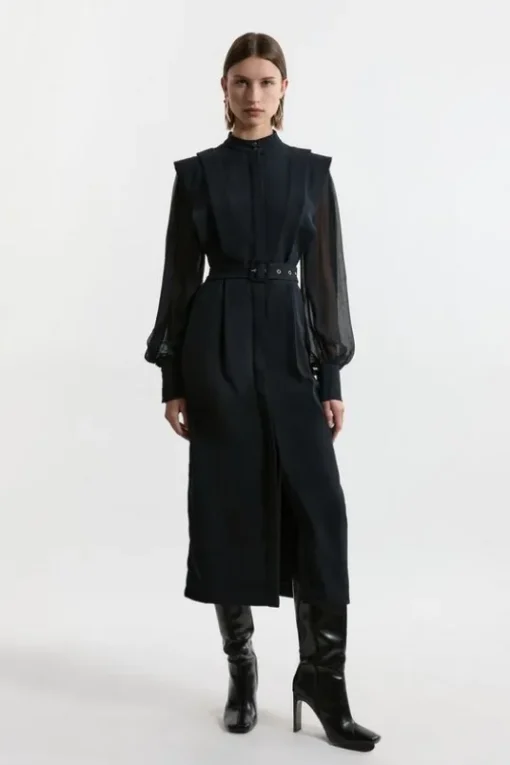 Petite Twill Pencil Woven Midi With Crinkle Sleeve