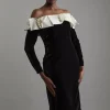 Petite Velvet Off The Shoulder Bodycon Woven Midi Dress With Taffeta Rosette