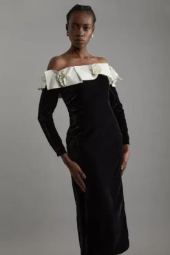 Petite Velvet Off The Shoulder Bodycon Woven Midi Dress With Taffeta Rosette