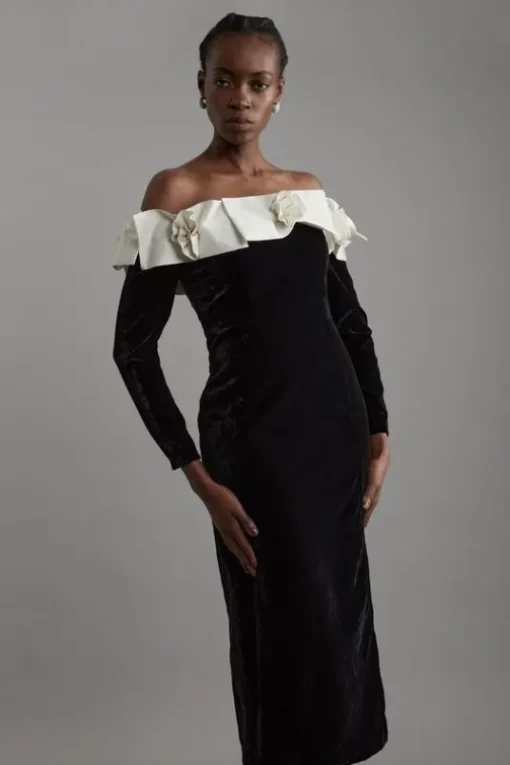 Petite Velvet Off The Shoulder Bodycon Woven Midi Dress With Taffeta Rosette