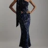 Petite Velvet Sequin One Shoulder Woven Maxi Dress